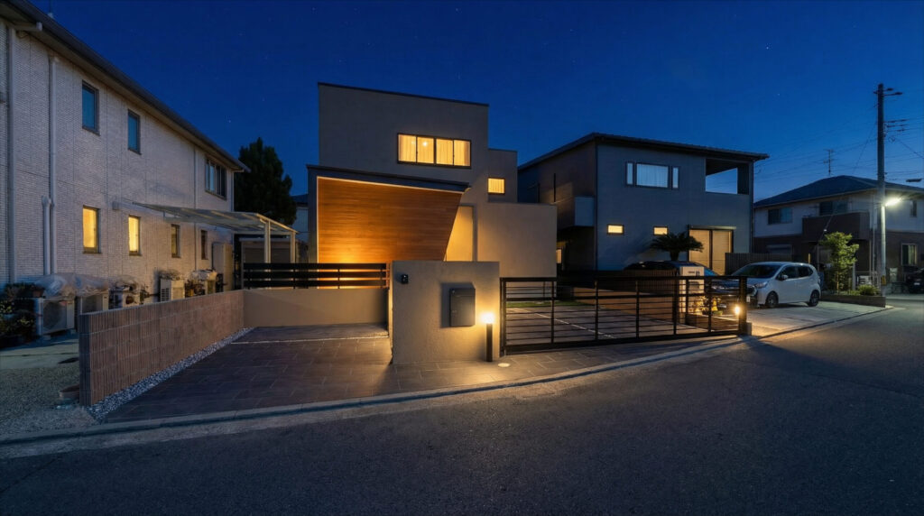 塗り壁門柱と存在感のあるオーバードアで引き締めた、全体的に落ち着いた配色のシンプルモダン外構。